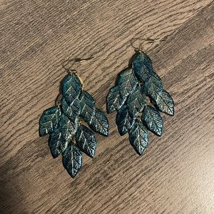Gold & Teal Leaf Earrings